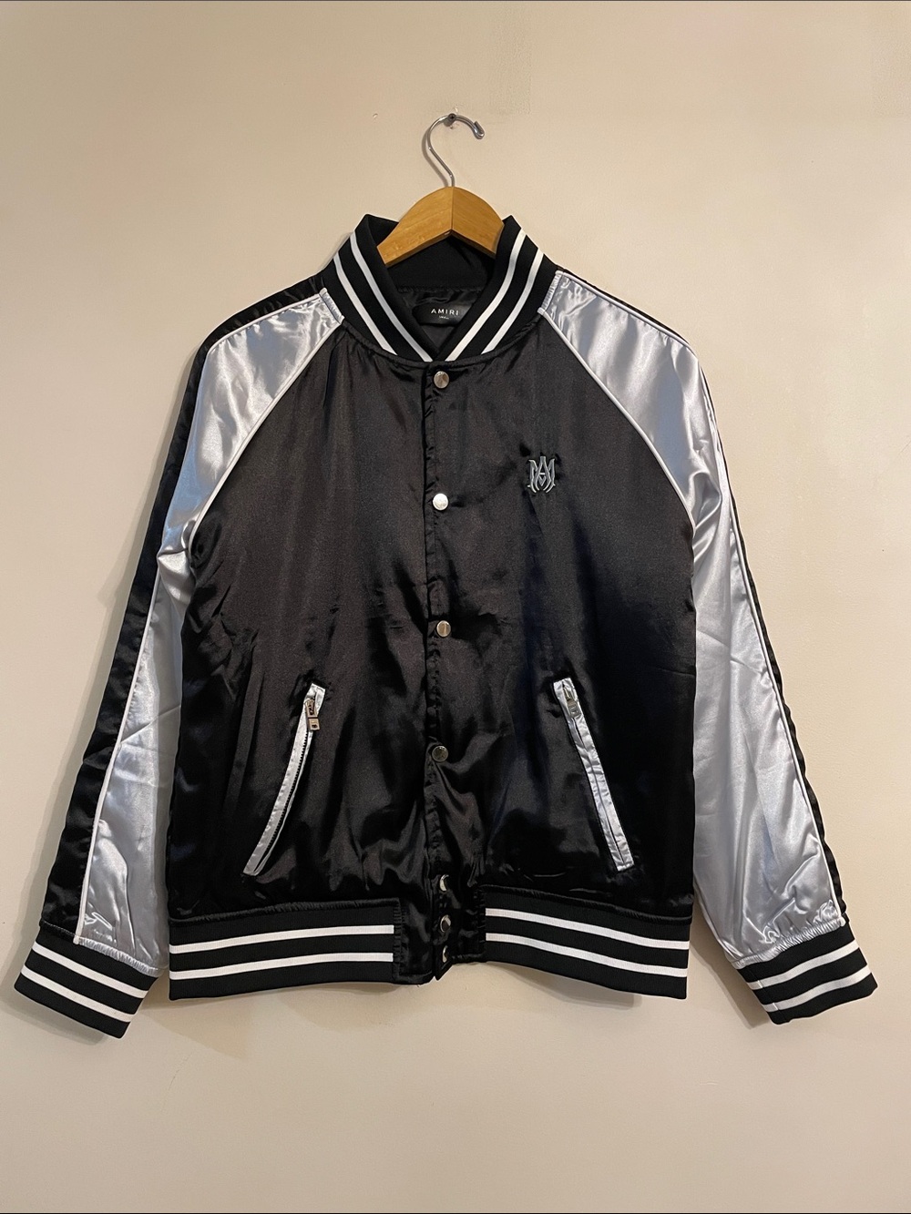 AMIRI Black and Silver Satin Varsity Bomber Jacket